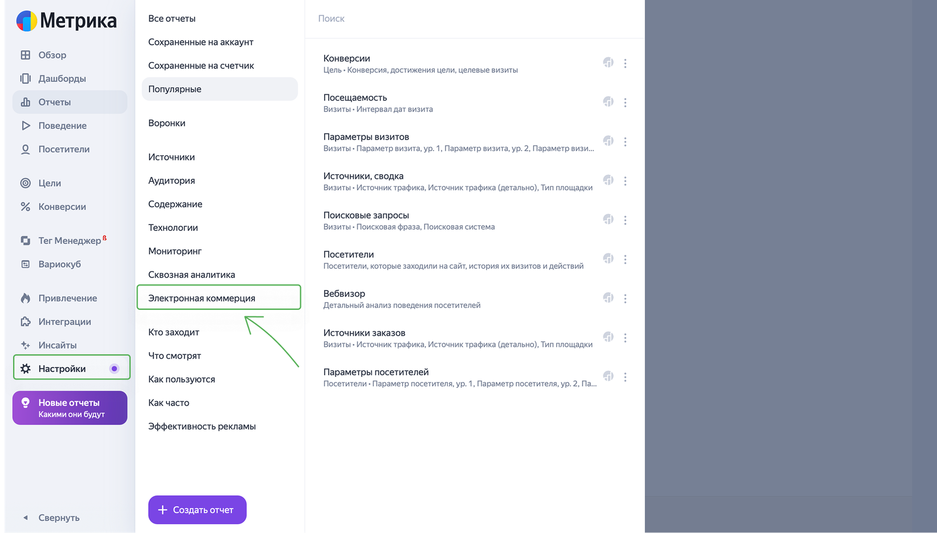 Электронная коммерция в отчете Метрики